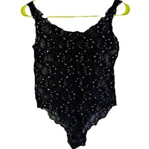 Vintage 80s Lingerie Black Lace Mesh Teddy Bodysuit Leotard Large Whimsigoth
